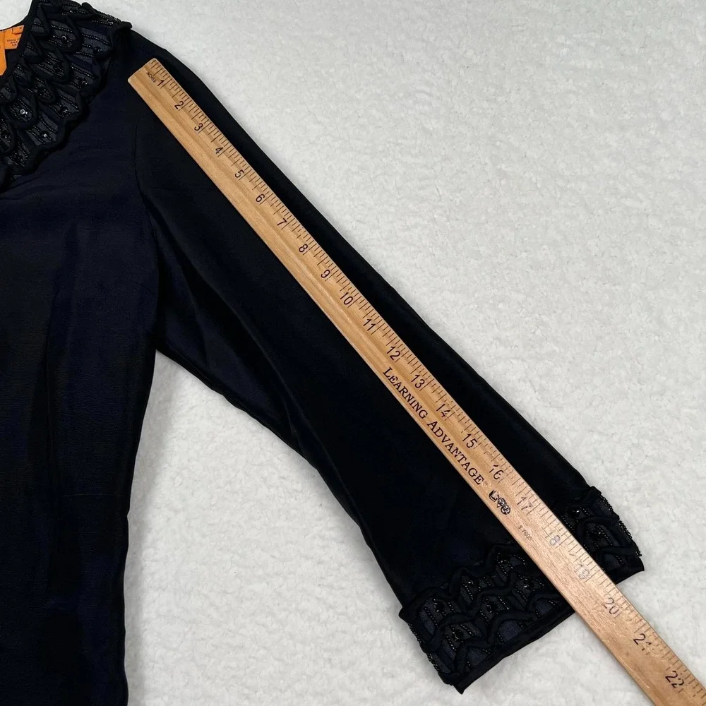 Tory Burch Shift Dress Womens 8 Black‎ 100% Silk Beaded Trim Cocktail 3/4 Sleeve